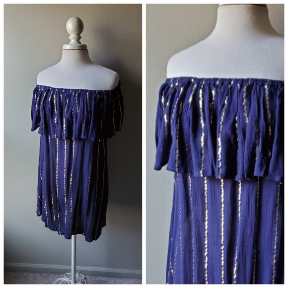 NWT Pia Rossini Off shoulder metallic ruffle dress Medium large - Picture 3 of 9